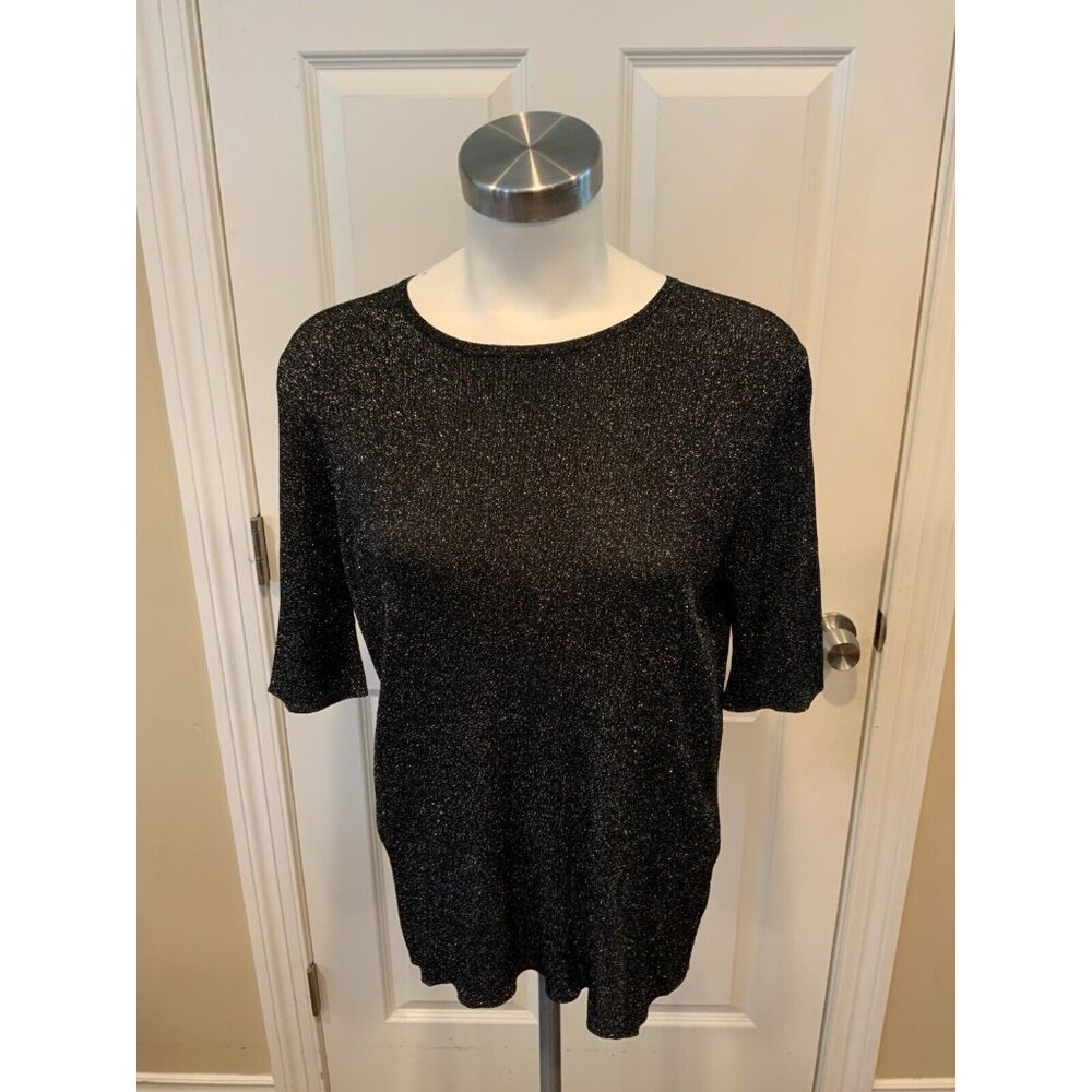 St. John Shimmering Black & Silver Short Sleeve Knit Top, Size M